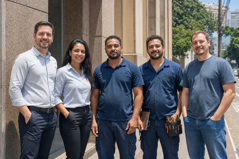 Equipe da Campinas Refrigeração no centro de Campinas — administração e técnicos de refrigeração e climatização