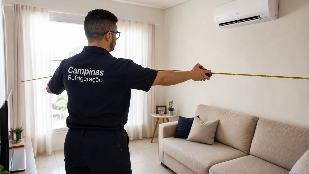 Técnico da Campinas Refrigeração medindo com fita métrica as dimensões de uma sala residencial para dimensionar o BTU do ar condicionado split