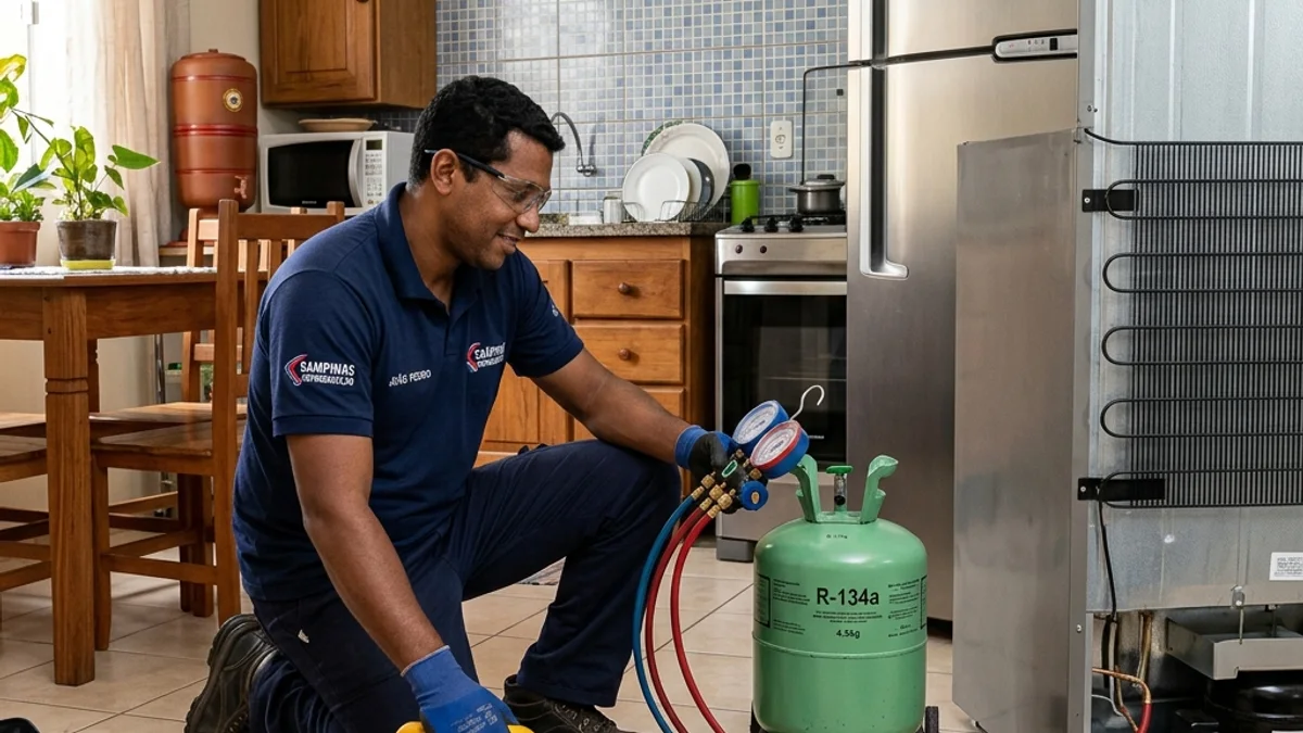 Técnico de refrigeração da Campinas Refrigeração utilizando bomba de vácuo e cilindro de gás para realizar a recarga em uma geladeira