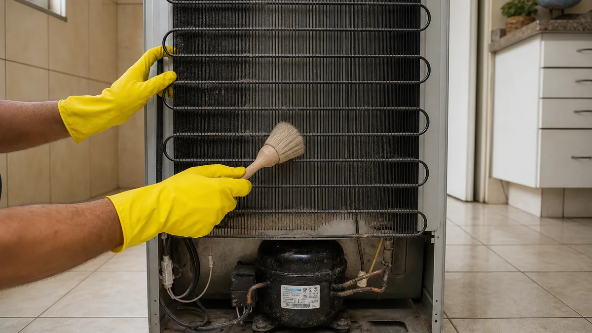 Mãos com luvas amarelas limpando bobinas do condensador na traseira de geladeira doméstica com escova macia, em cozinha de apartamento brasileiro.