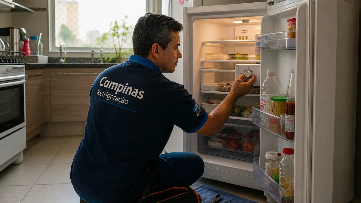 Técnico de Campinas Refrigeração ajoelhado ajusta o termostato interno de geladeira doméstica aberta em cozinha brasileira, com mala de ferramentas ao lado.