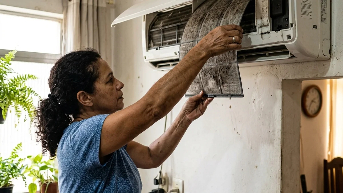 Mãos removendo um filtro de ar condicionado split cheio de poeira para limpeza em casa