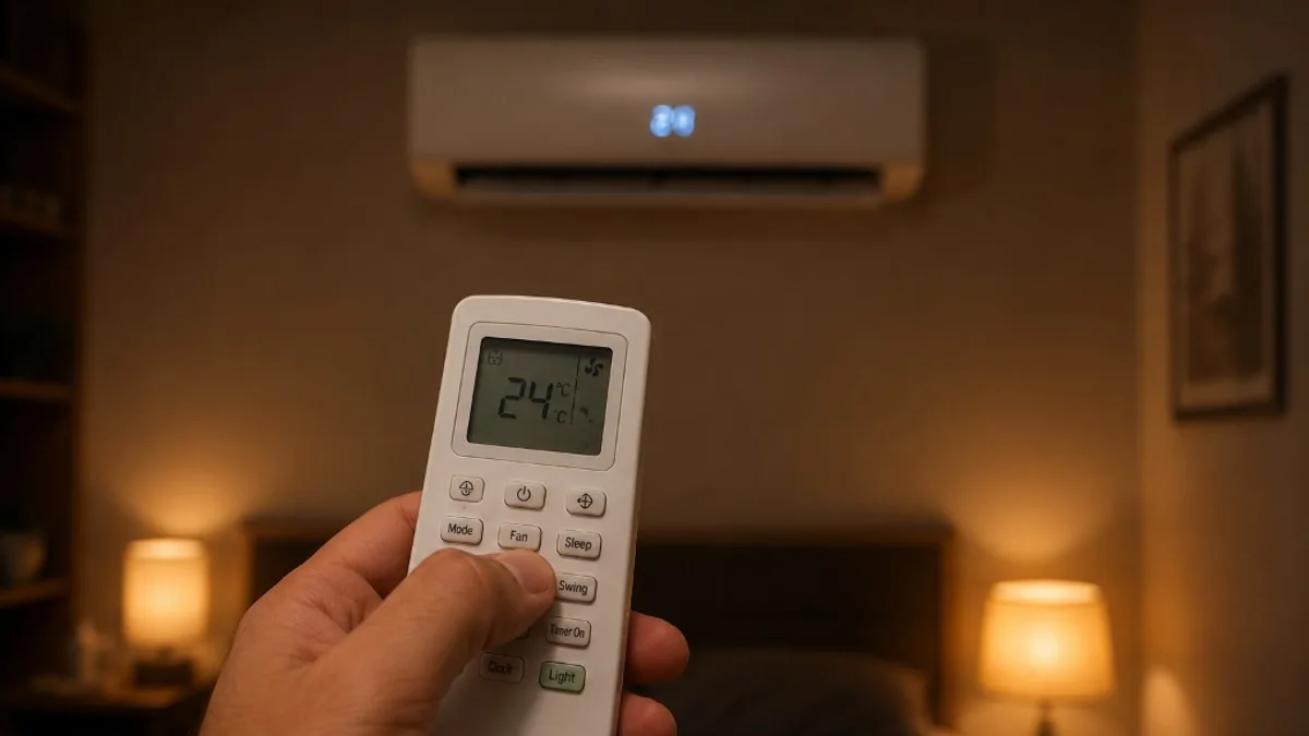 Mão pressionando o botão de luz no controle remoto para apagar o painel do ar-condicionado Gree em quarto à noite.