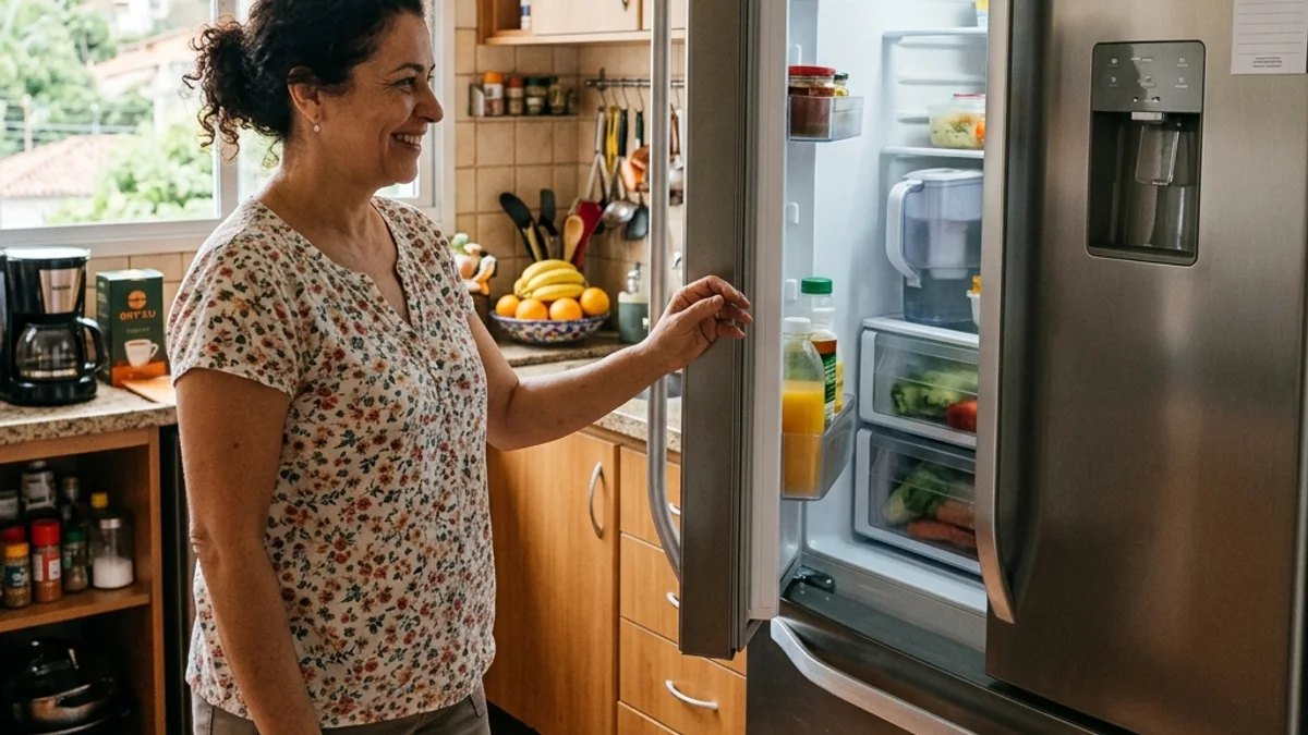 Dona de casa brasileira abrindo a porta de uma geladeira moderna em uma cozinha residencial bem iluminada