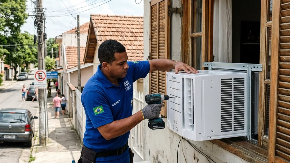Técnico instalando ar condicionado de janela em uma residência típica brasileira
