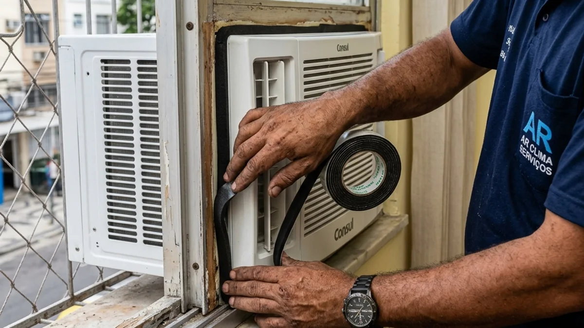 Mãos do técnico aplicando fita de vedação ao redor das bordas do ar condicionado de janela