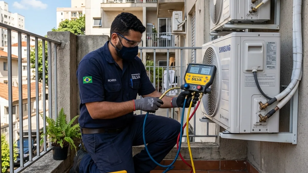 Técnico profissional de refrigeração conectando bomba de vácuo na unidade externa do ar condicionado split em apartamento
