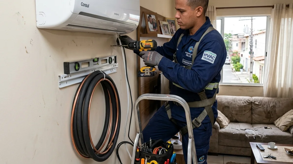 Técnico de refrigeração instalando um ar condicionado split na parede de uma residência no Brasil