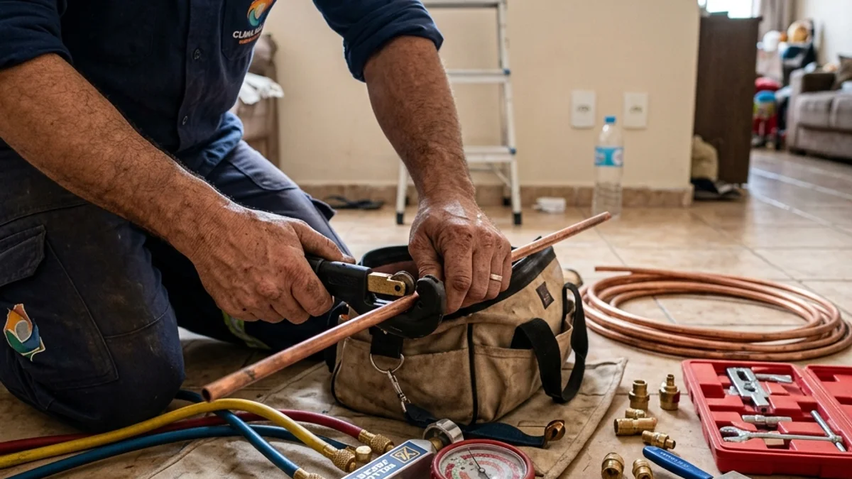 Mãos de um técnico uniformizado organizando tubos de cobre e o manifold para a instalação