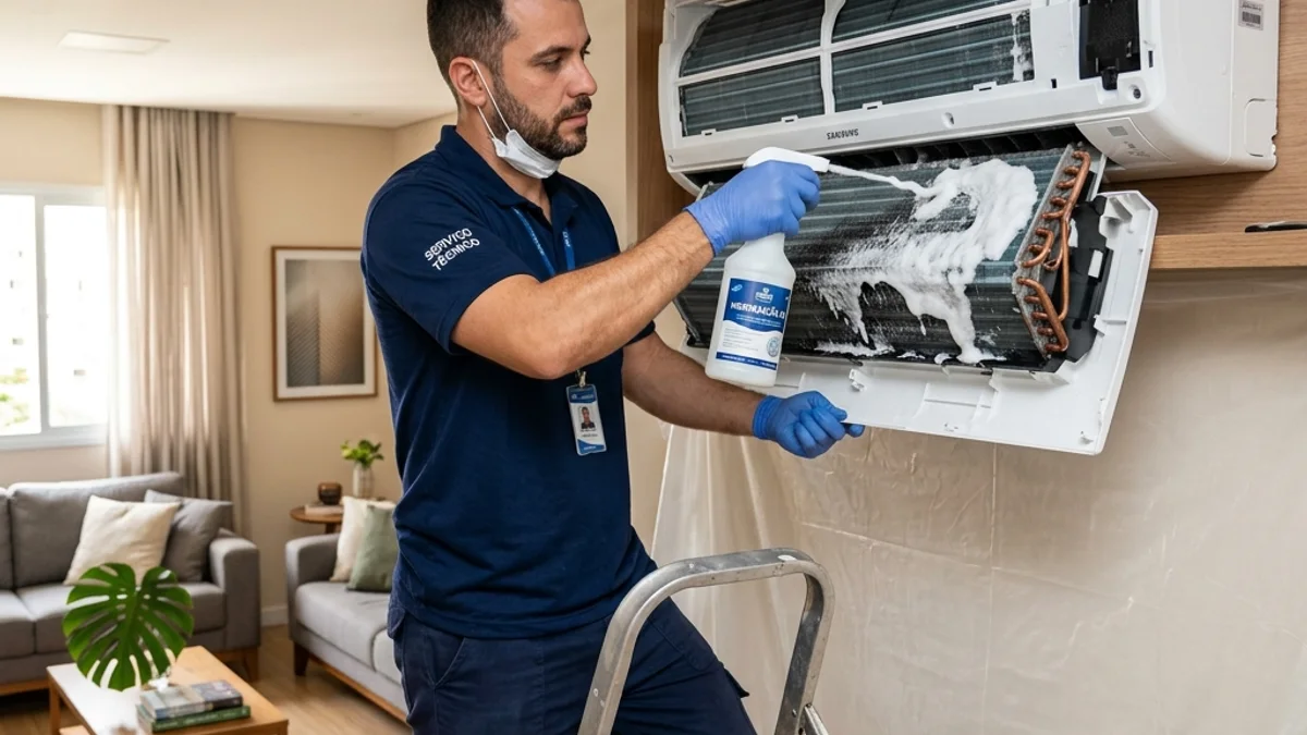Técnico de manutenção com uniforme aplicando espuma de limpeza nas serpentinas de um ar-condicionado split branco aberto na parede de uma sala residencial.