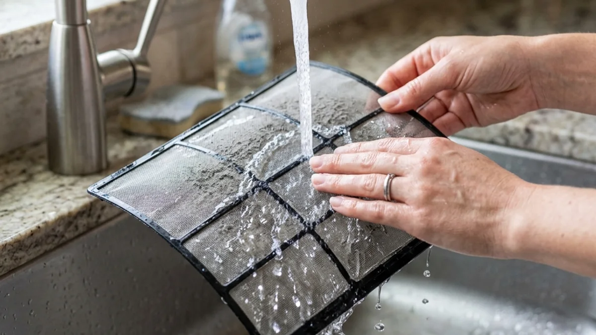 Mãos lavando cuidadosamente a delicada malha do filtro do ar-condicionado debaixo de um jato de água corrente limpa em uma pia moderna.
