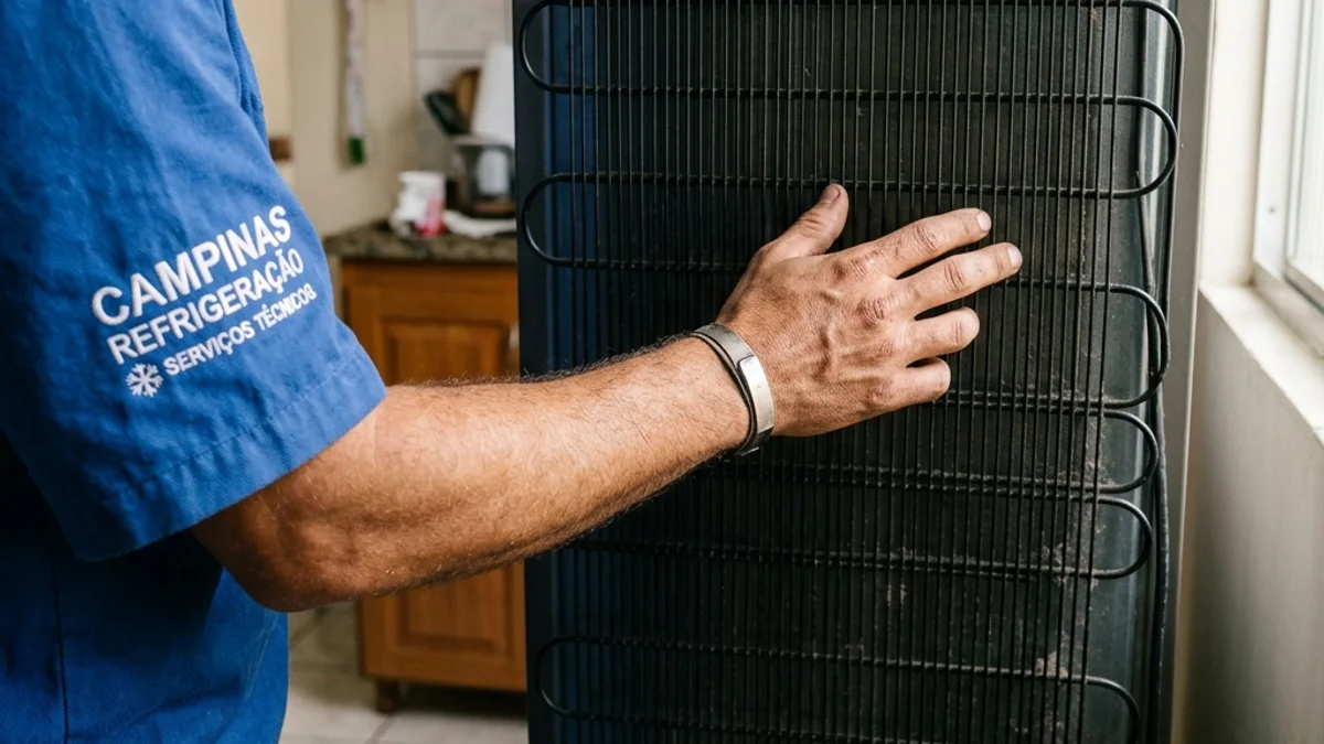 Mão de técnico da Campinas Refrigeração testando a temperatura da grade condensadora traseira da geladeira