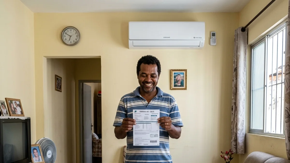 Homem brasileiro comemorando economia de energia na conta de luz em sala com ar-condicionado inverter