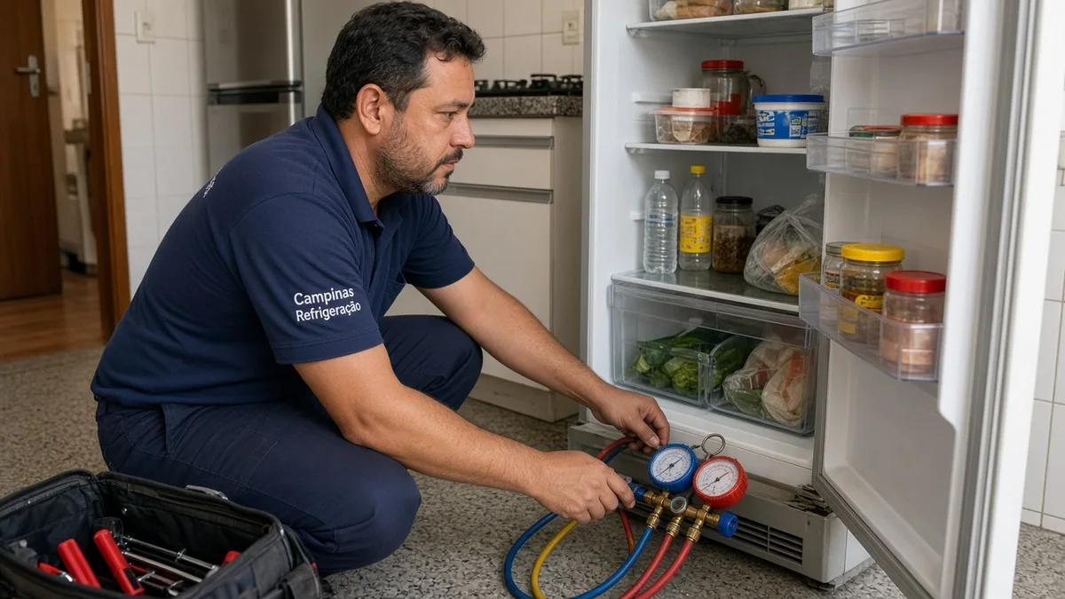 Close de diagnóstico rápido: mãos ou técnico em residência brasileira, ferramentas e materiais de refrigeração visíveis, sem texto sobreposto na foto.