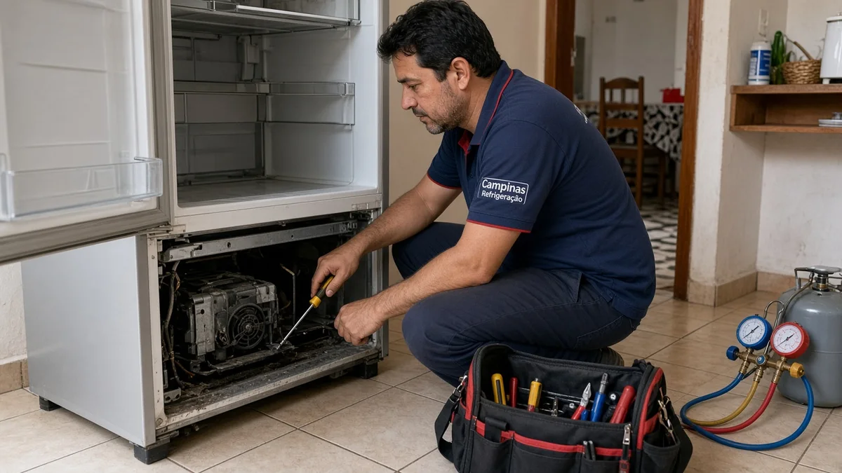 Close de é hora de chamar um técnico especializado: mãos ou técnico em residência brasileira, ferramentas e materiais de refrigeração visíveis, sem texto.