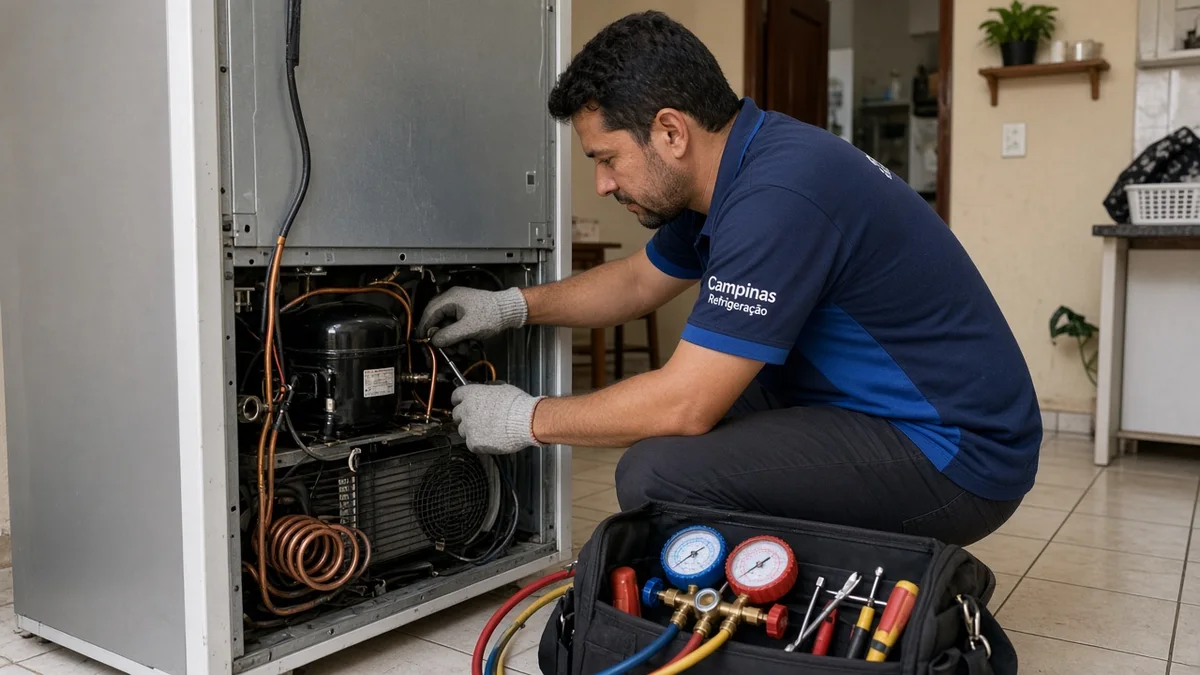 Close de soluções simples: mãos ou técnico em residência brasileira, ferramentas e materiais de refrigeração visíveis, sem texto sobreposto na foto.