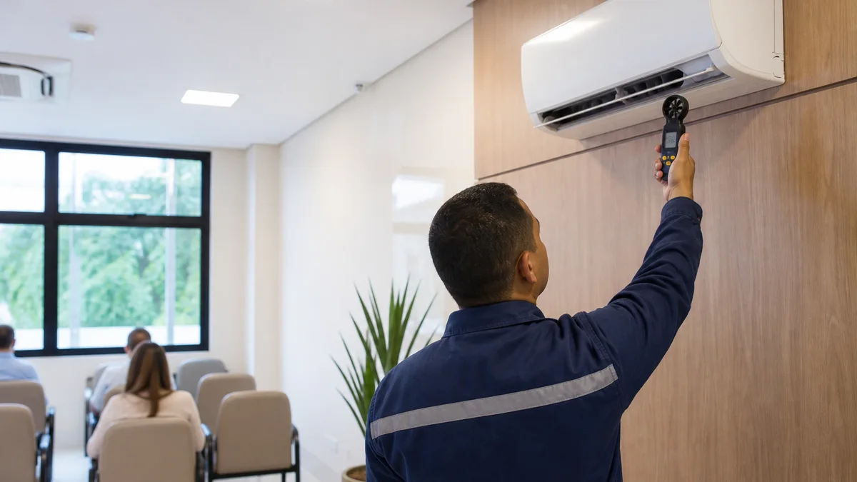 Técnico avalia climatização em ambiente comercial com medição no split
