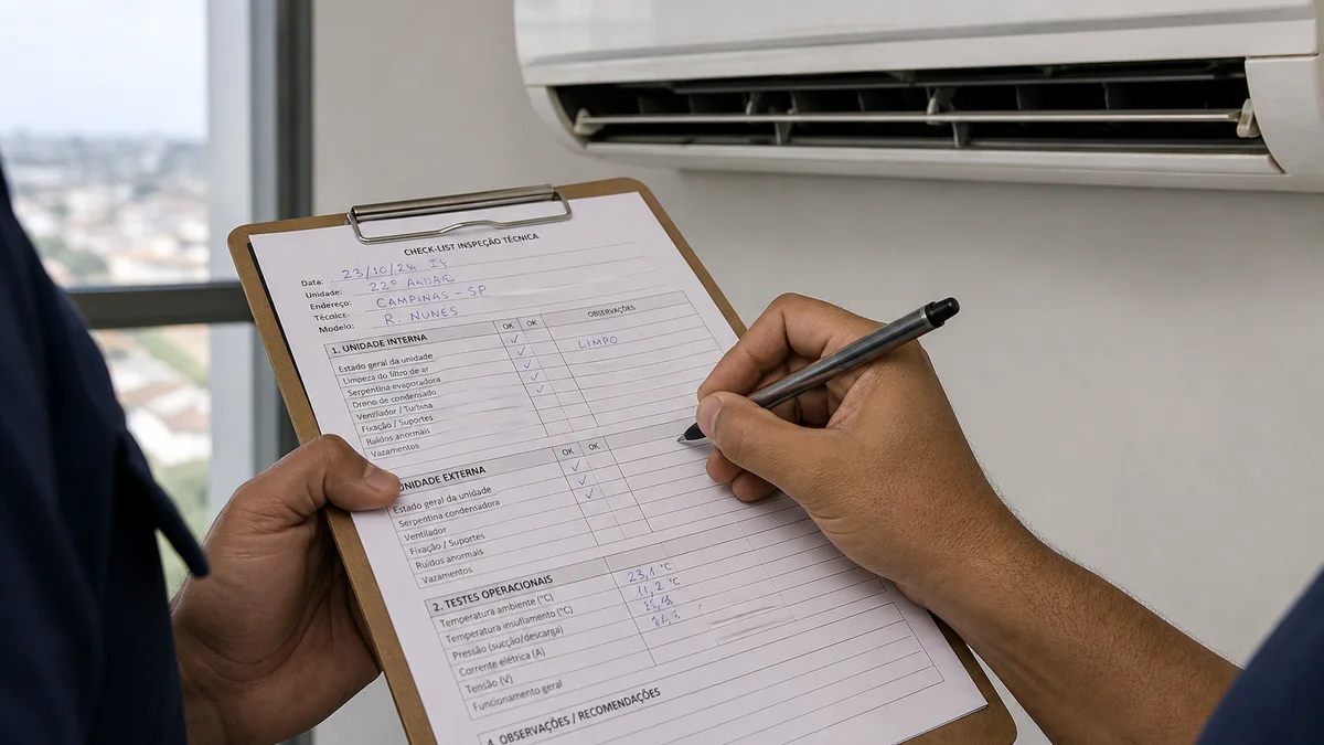 Técnico preenche formulário de inspeção ao lado de ar-condicionado split em escritório