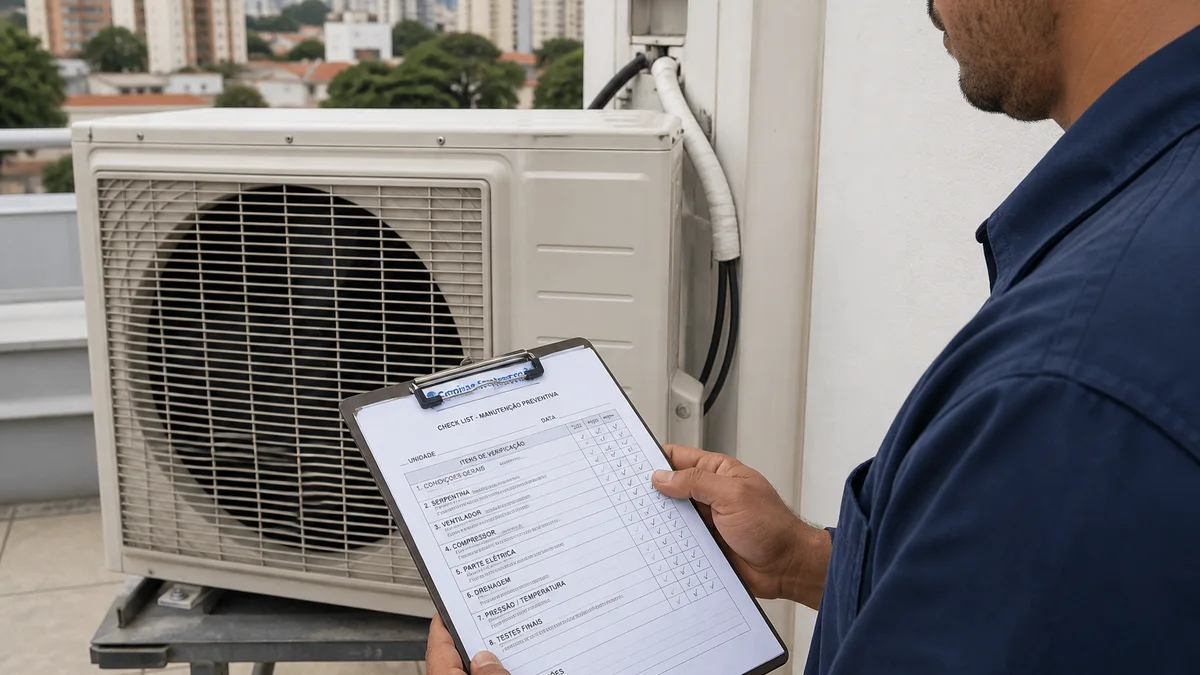 Técnico com checklist de manutenção ao lado de unidade condensadora externa em prédio comercial