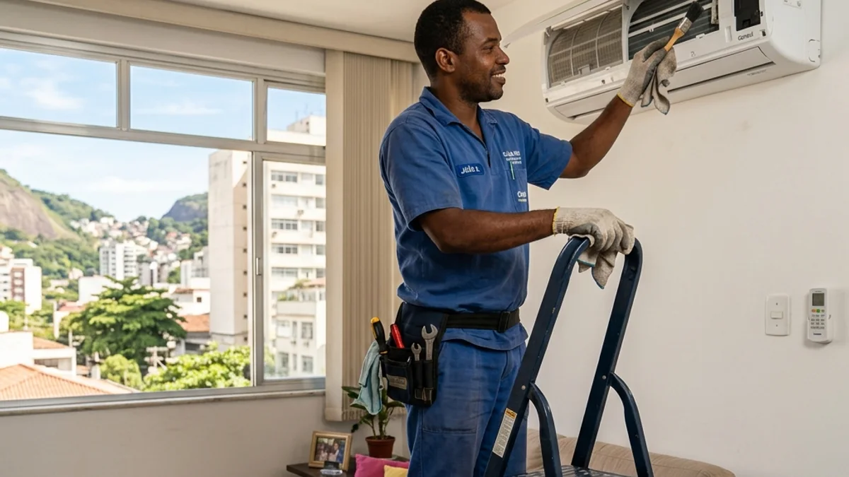 Técnico especializado de uniforme realizando manutenção preventiva em ar-condicionado split de parede numa sala de estar residencial ensolarada