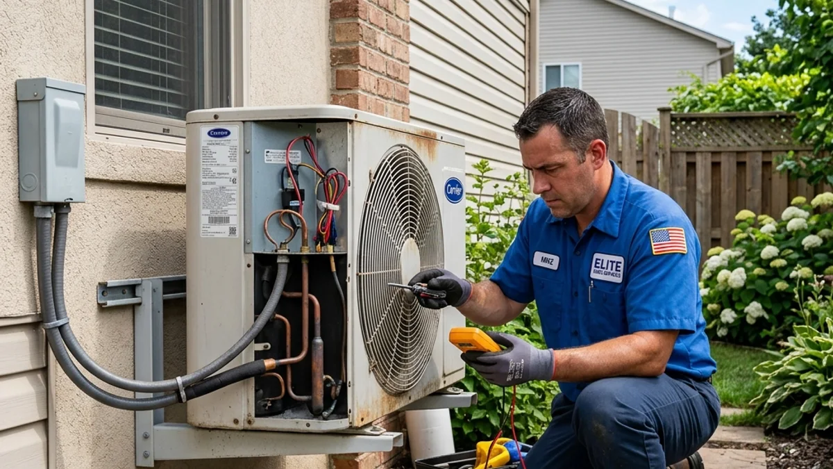 Técnico profissional fazendo manutenção na unidade externa de um ar condicionado inverter em uma residência