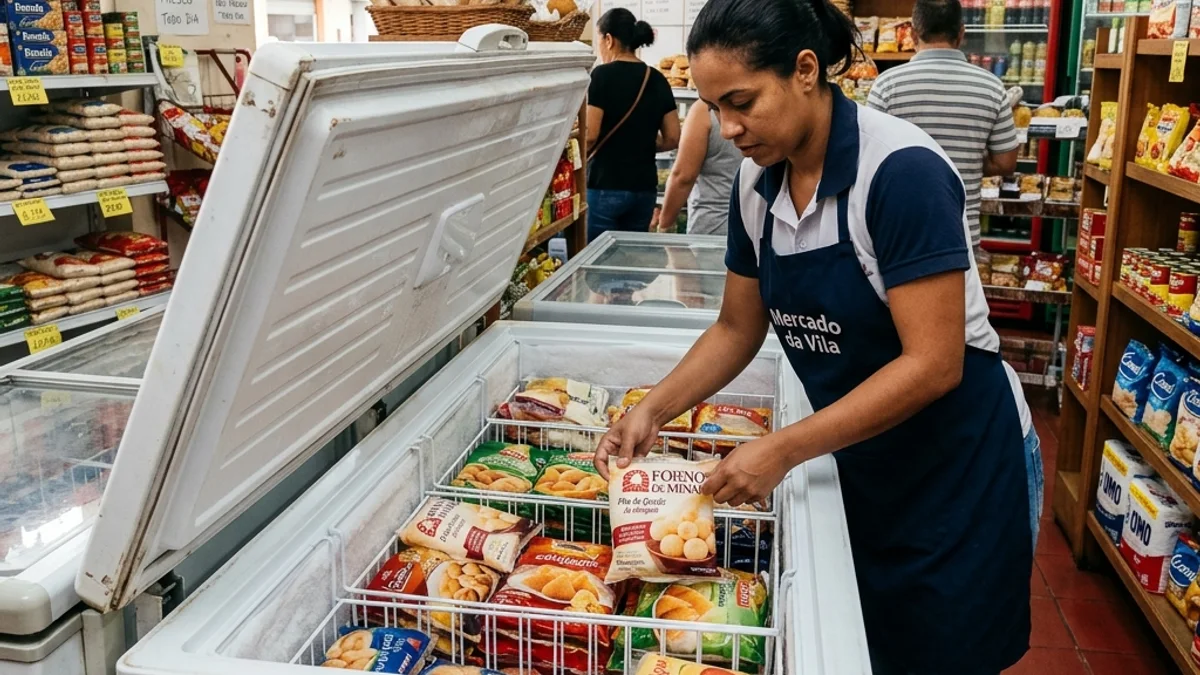 Funcionário de um pequeno comércio de bairro brasileiro organizando produtos em um freezer horizontal baú