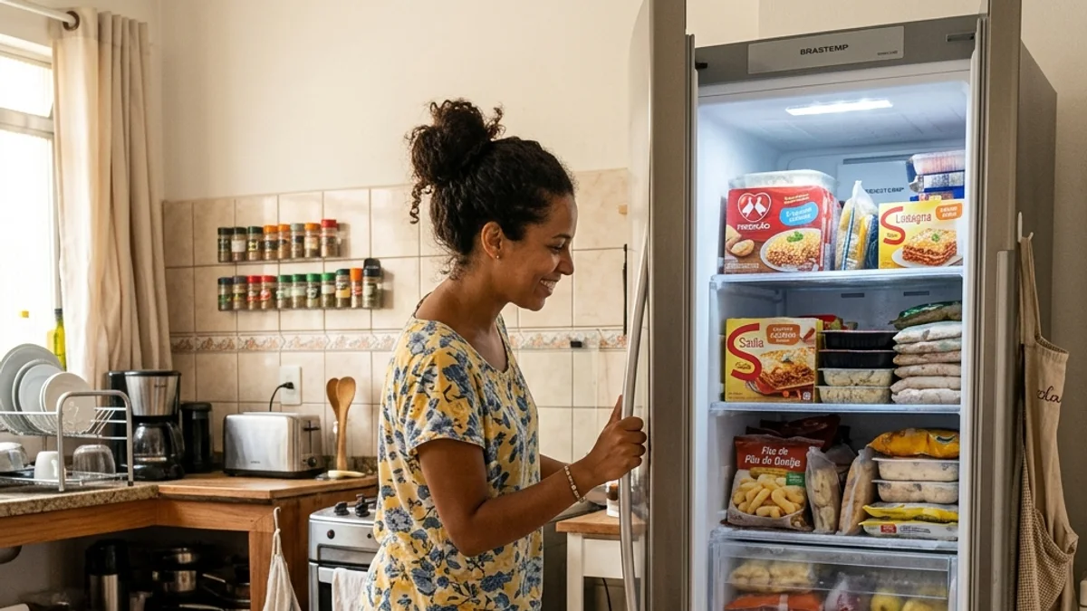 Mulher brasileira abrindo um freezer vertical moderno cheio de alimentos na cozinha de casa
