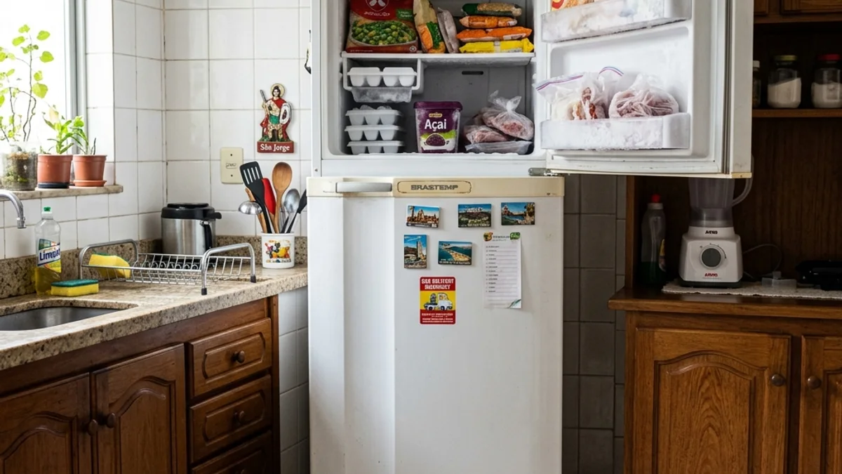 Geladeira branca clássica em cozinha de apartamento brasileiro, com a porta superior do freezer aberta mostrando uma fina camada de gelo nas paredes.