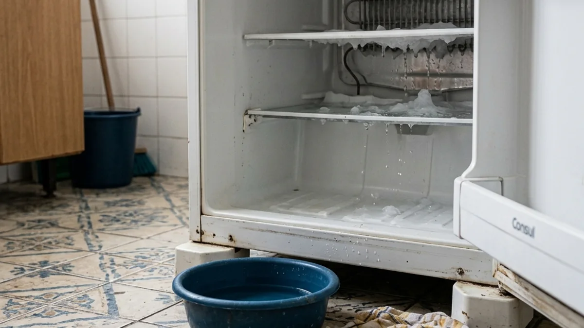 Toalha de pano e bacia plástica posicionadas no chão de azulejo da cozinha, em frente a uma geladeira branca, recolhendo a água durante o degelo manual.