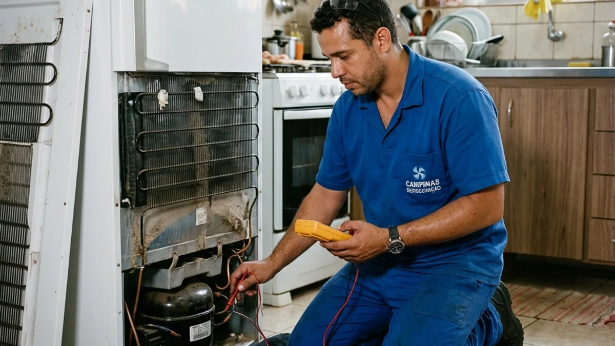 Técnico com uniforme Campinas Refrigeração inspecionando compressor de geladeira com painel traseiro aberto em cozinha residencial, com ferramentas no chão.
