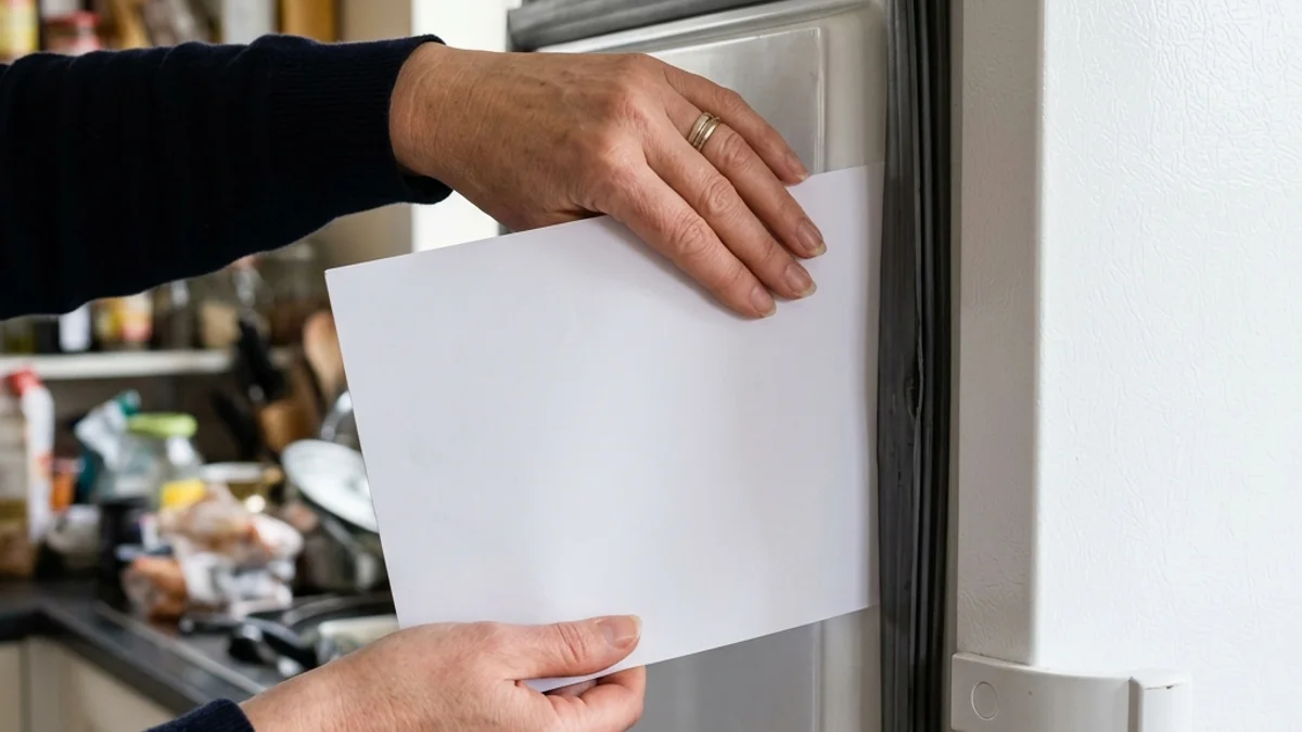 Pessoa fazendo o teste da folha de papel para verificar o estado da borracha de vedação do freezer