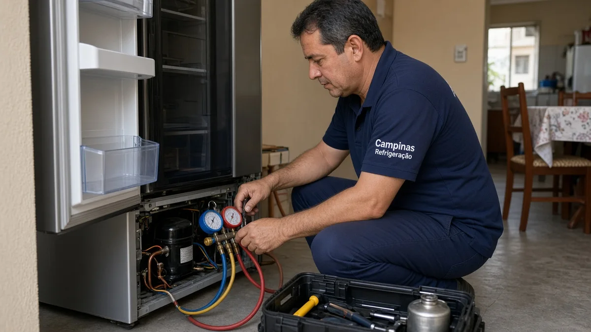 Close de causas técnicas comuns e componentes envolvidos: mãos ou técnico em residência brasileira, ferramentas e materiais de refrigeração visíveis, sem.