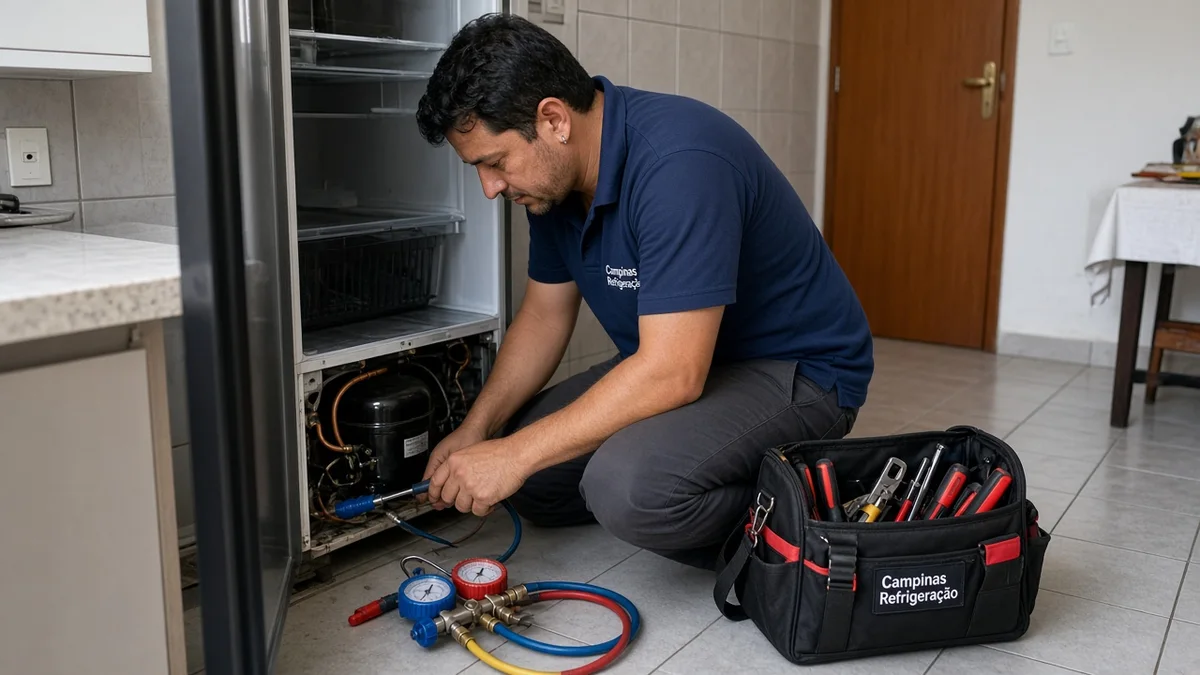 Close de chamar um técnico especializado em geladeiras: mãos ou técnico em residência brasileira, ferramentas e materiais de refrigeração visíveis, sem texto.