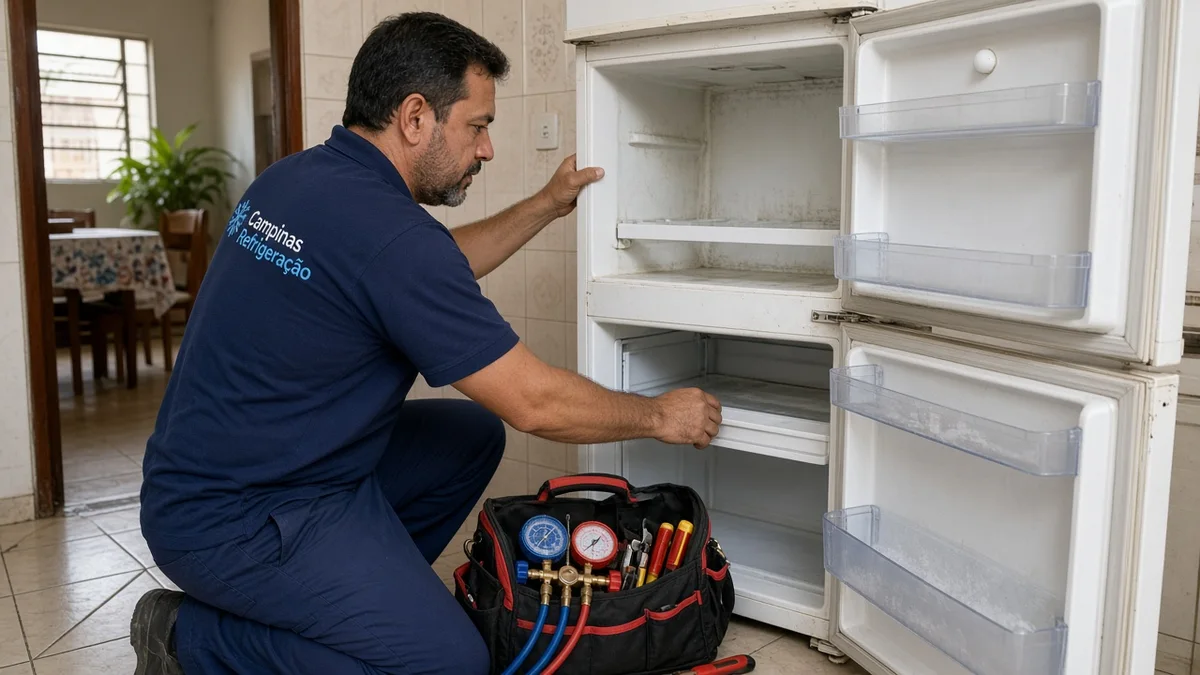 Close de entendendo os diferentes cenários de falta de refrigeração: mãos ou técnico em residência brasileira, ferramentas e materiais de refrigeração.