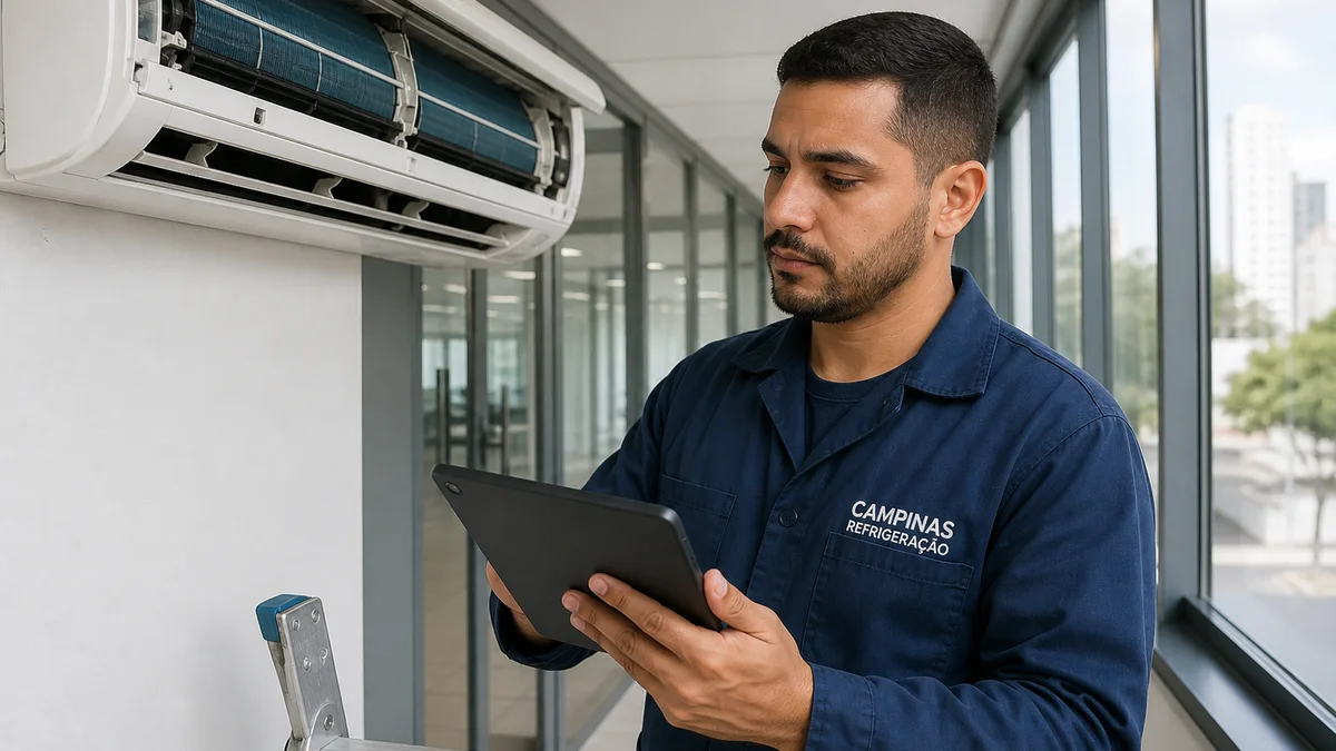 Técnico de uniforme documentando ar-condicionado split em corredor de escritório comercial