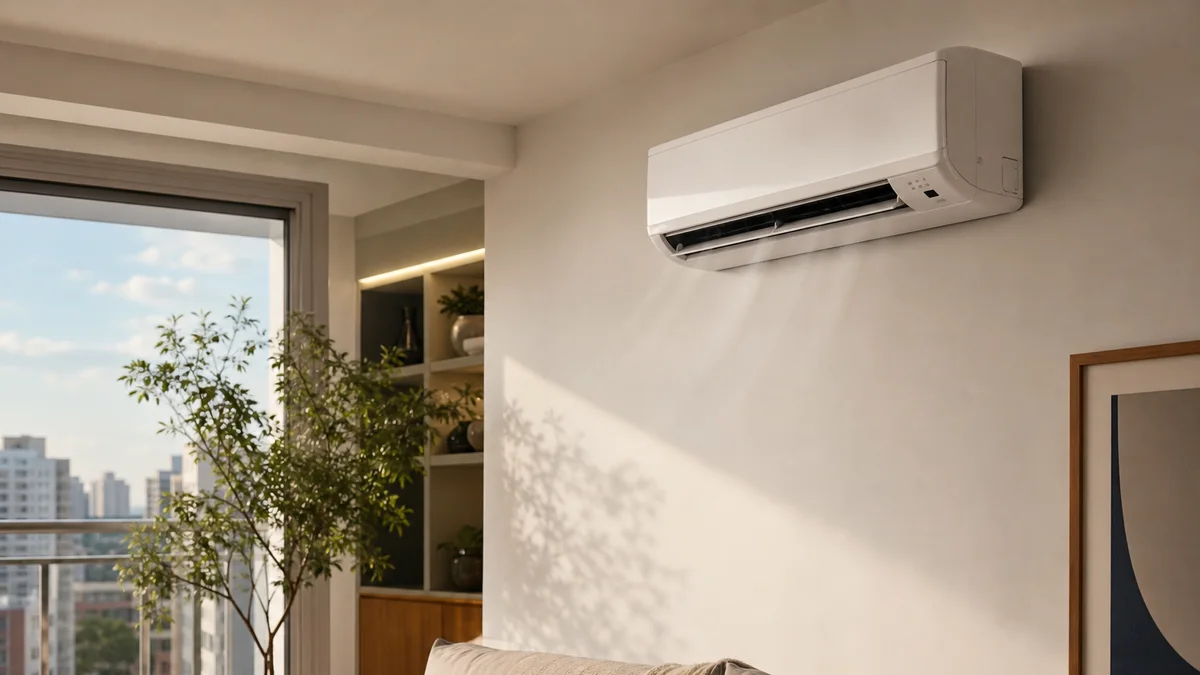 Aparelho split branco fixado na parede de sala residencial brasileira, com luz de fim de tarde pela janela e ambiente doméstico ilustrando uso diário do ar-condicionado.