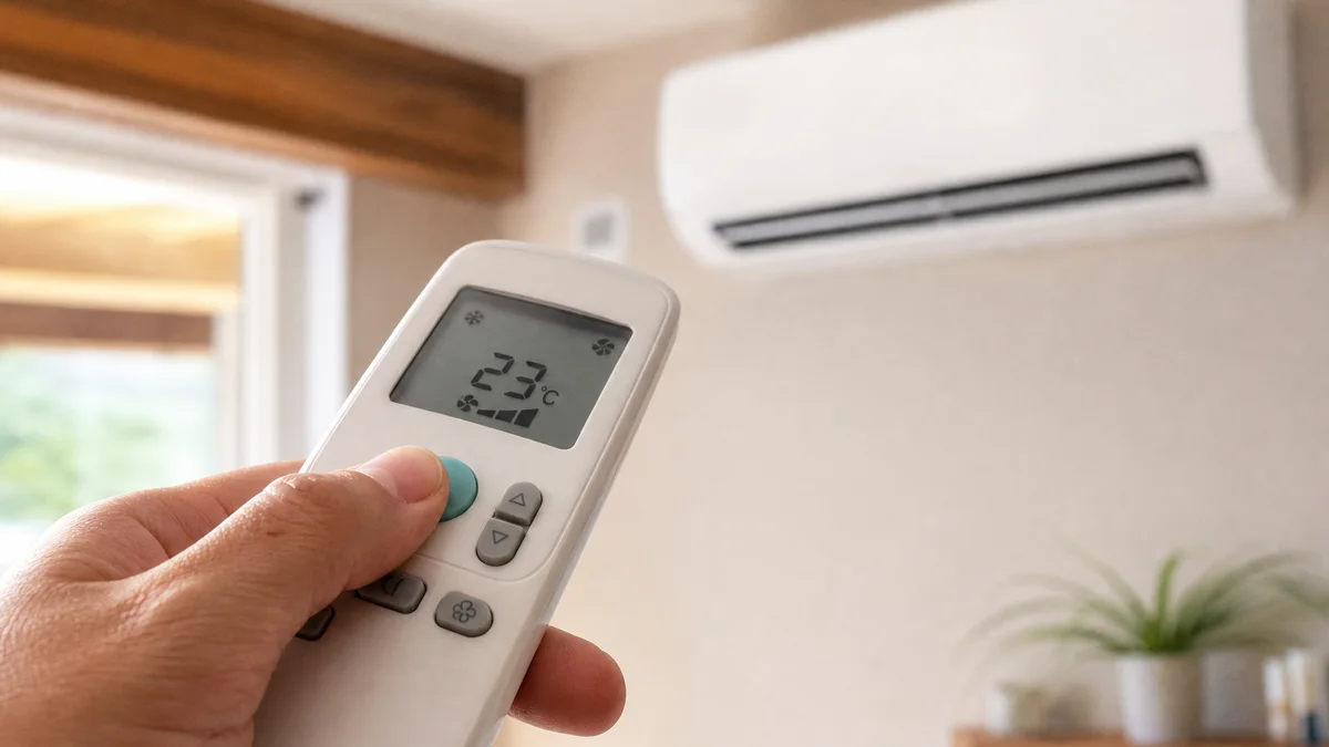 Controle remoto do ar-condicionado em primeiro plano diante da unidade split interna na parede da sala, em residência brasileira com luz ambiente suave.