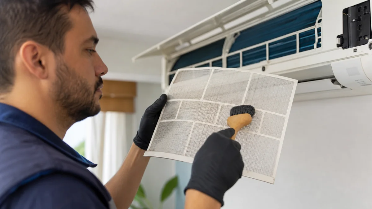 Mãos limpando filtro de malha do ar-condicionado split com pincel em residência brasileira, etapa de manutenção preventiva que reduz o consumo de energia do aparelho.