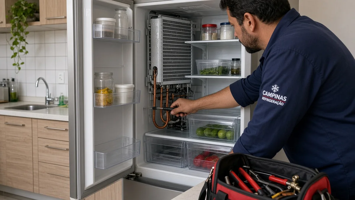 Detalhe de evaporador e prateleiras internas da geladeira aberta, em residência brasileira, com técnico Campinas Refrigeração, materiais e ferramentas ao lado.