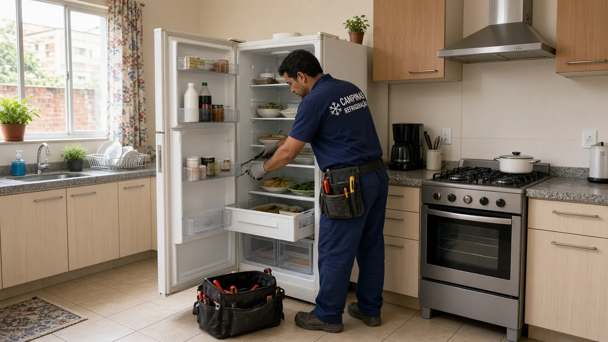 Tecnico inspeciona geladeira aberta em cozinha residencial brasileira, com uniforme Campinas Refrigeração em residência urbana brasileira e ferramentas à vista.