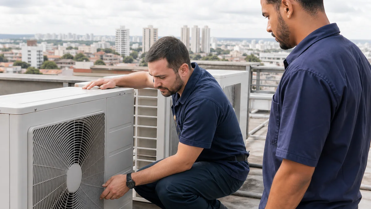 Técnicos parceiros inspecionam condensadoras externas em cobertura comercial