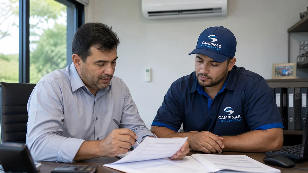 Gestor e técnico de refrigeração revisam documentos de manutenção de ar condicionado em escritório