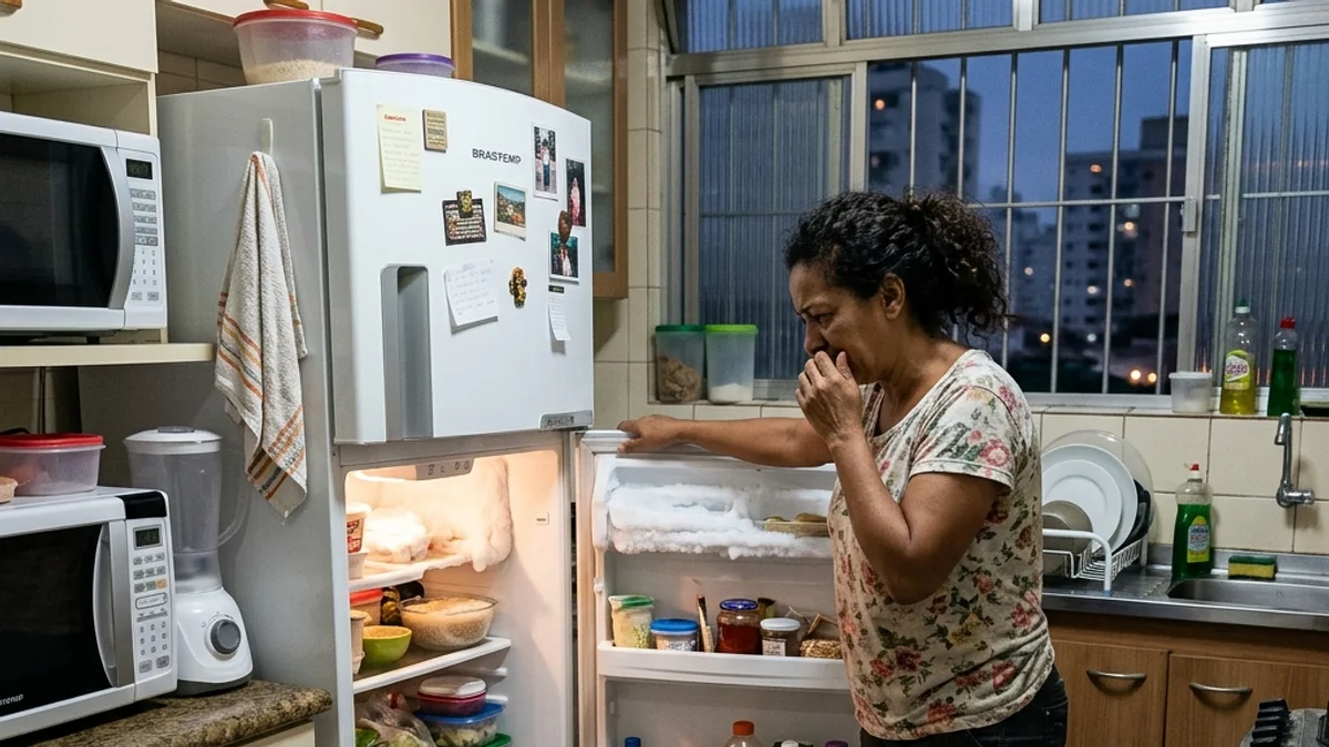 Mulher brasileira preocupada abrindo geladeira com problemas e observando água e gelo acumulado na cozinha