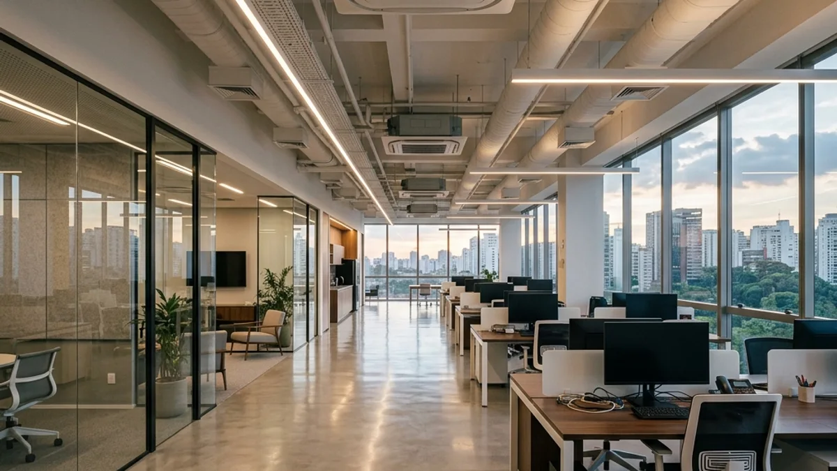 Ambientes comerciais — Limpeza de Ar Condicionado. Interior de um amplo ambiente comercial e corporativo moderno no Brasil, destacando o escritório elegante e ar-condicionado ideal para o conforto das equipes.