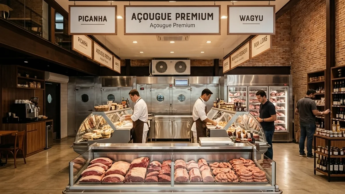 Açougues — Conserto de Freezer. Interior de um açougue e casa de carnes moderna no Brasil com balcões frigoríficos, destacando o ambiente limpo e perfeitamente climatizado.