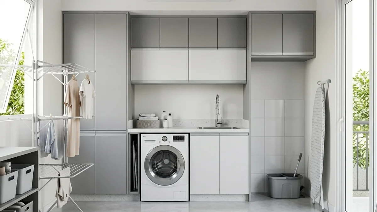 Áreas de serviço — Limpeza de Freezer. Interior de uma área de serviço residencial moderna e organizada no Brasil, com máquinas de lavar e um ambiente perfeitamente climatizado.