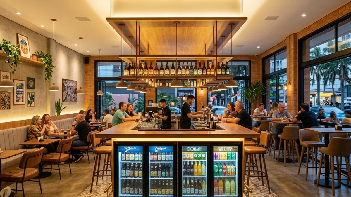 Bares — Conserto de Expositor Refrigerado. Interior de um bar moderno e elegante no Brasil, destacando um balcão bem iluminado, expositores de bebidas e um ambiente agradável e climatizado.