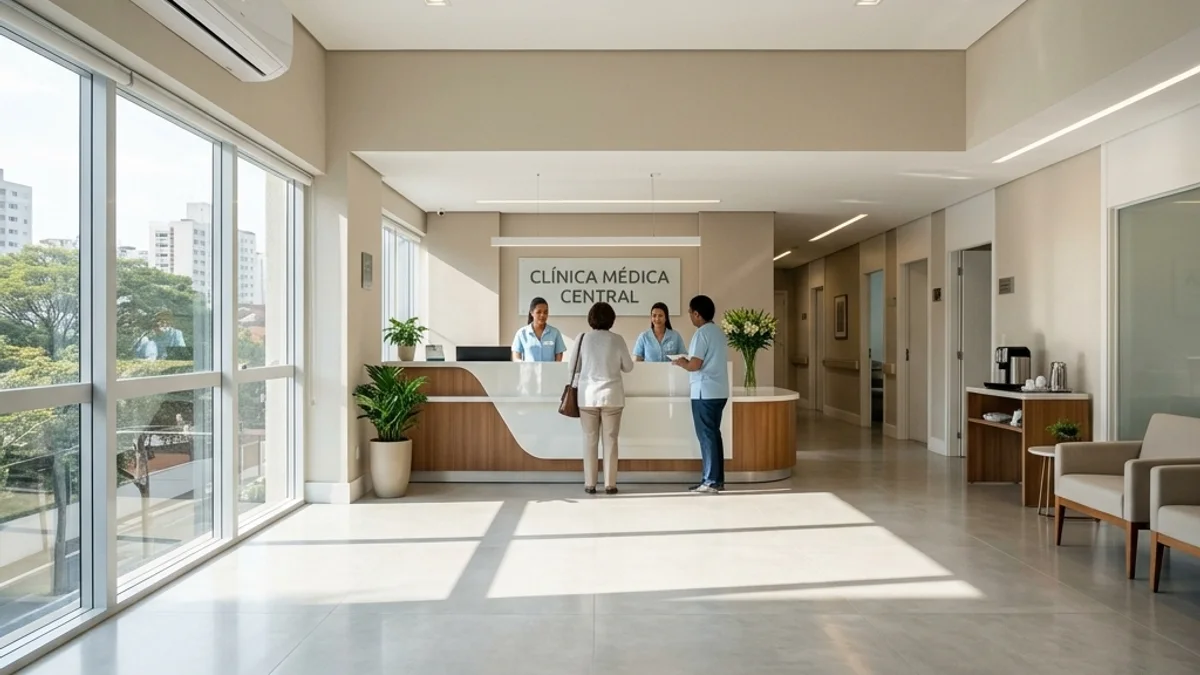 Clínicas e consultórios — Manutenção de Ar Condicionado. Interior de uma clínica médica moderna e bem iluminada no Brasil, com ambiente limpo e totalmente climatizado para conforto dos pacientes.