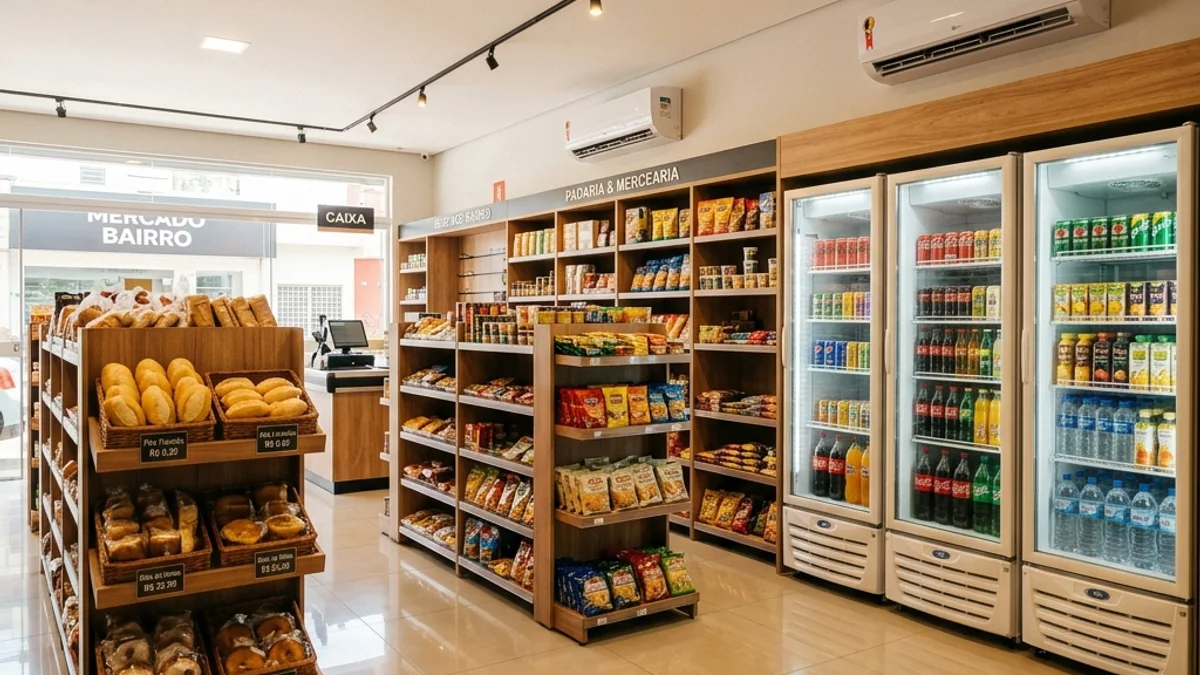 Comércios — Conserto de Ar Condicionado. Interior de um pequeno comércio local bem estruturado no Brasil, com prateleiras organizadas e ar-condicionado instalado para conforto térmico dos clientes.