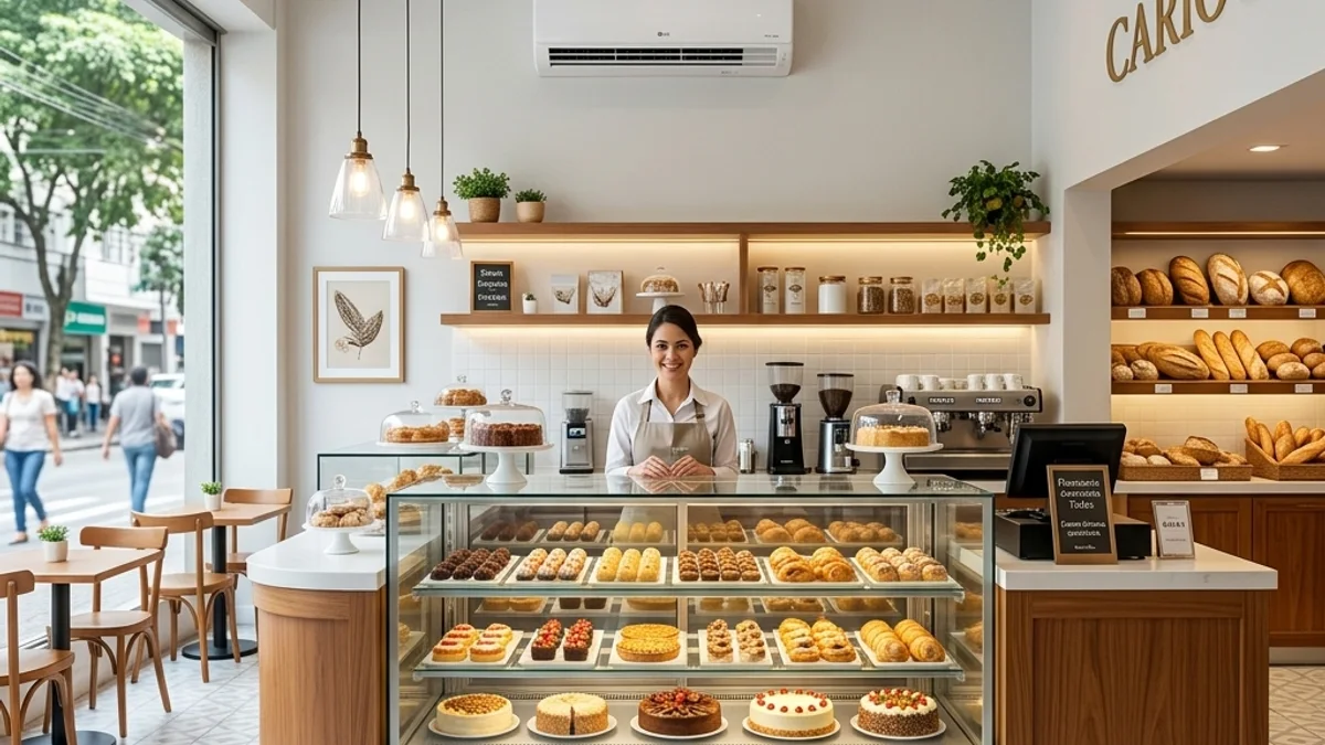 Confeitarias — Conserto de Balcão Refrigerado. Interior de uma confeitaria elegante no Brasil, com vitrines refrigeradas repletas de doces e ambiente perfeitamente climatizado para os clientes.